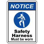 Notice safety harness must be worn sign with mandatory harness safety symbol