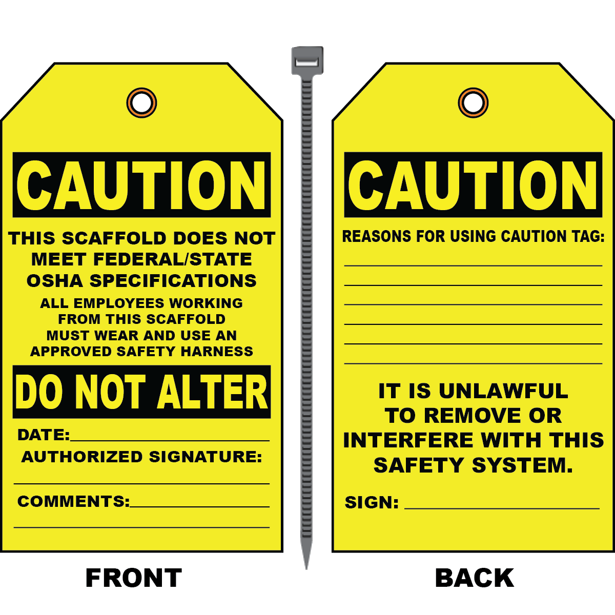 OSHA scaffold caution inspection tag with safety harness requirement
