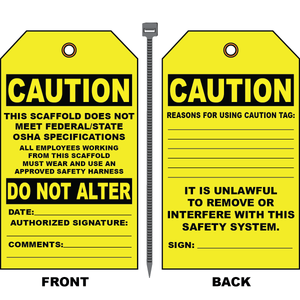 OSHA scaffold caution inspection tag with safety harness requirement