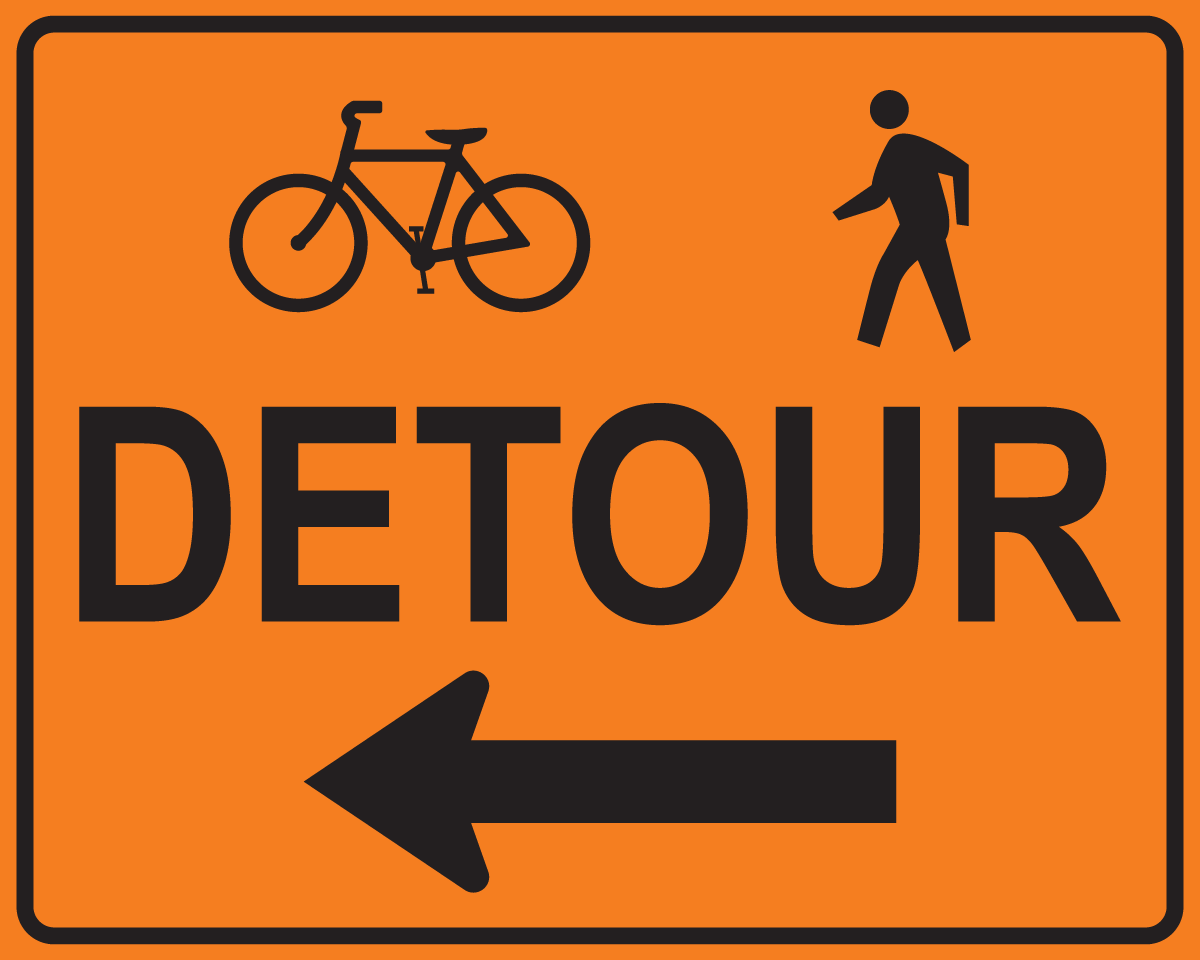Bike pedestrian detour left arrow MUTCD M4-9a OSHA sign for shared path closure safety