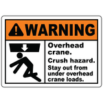 Warning overhead crane crush hazard sign with falling load symbol