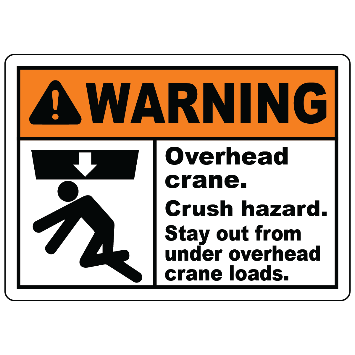 Warning overhead crane crush hazard sign with falling load symbol