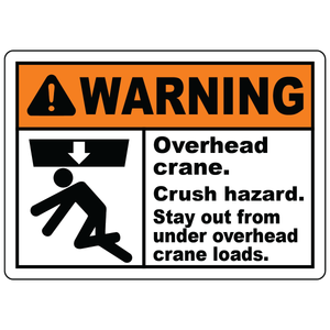 Warning overhead crane crush hazard sign with falling load symbol