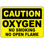 Caution oxygen no smoking no open flame sign for oxygen storage and gas handling areas
