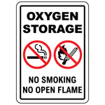 Oxygen storage sign with no smoking and no open flames symbols for workplace safety