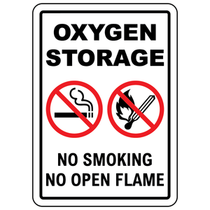 Oxygen storage sign with no smoking and no open flames symbols for workplace safety
