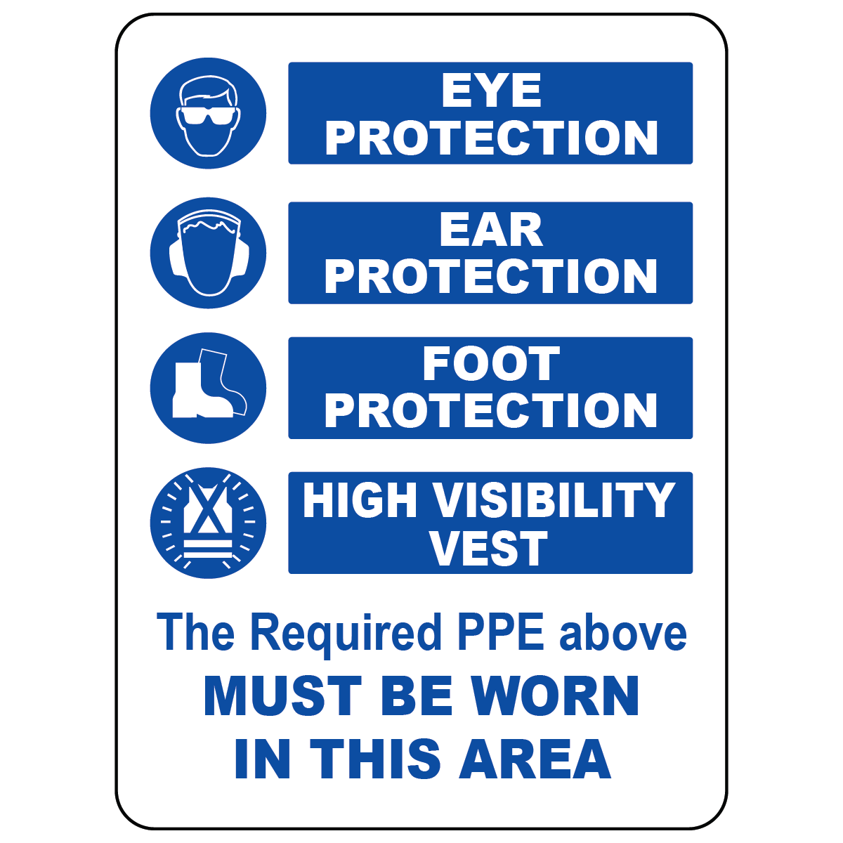 Mandatory PPE sign with eye ear foot and hi-vis protection symbols
