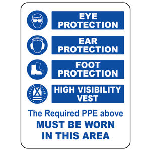 Mandatory PPE sign with eye ear foot and hi-vis protection symbols