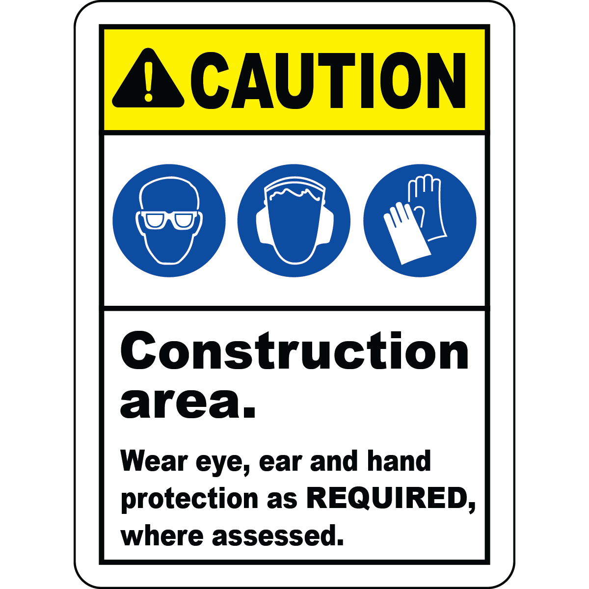 Construction PPE eye ear hand protection caution sign