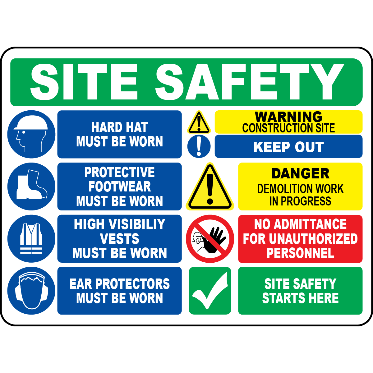 Construction site PPE hard hat vest safety sign