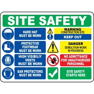 Construction site PPE hard hat vest safety sign