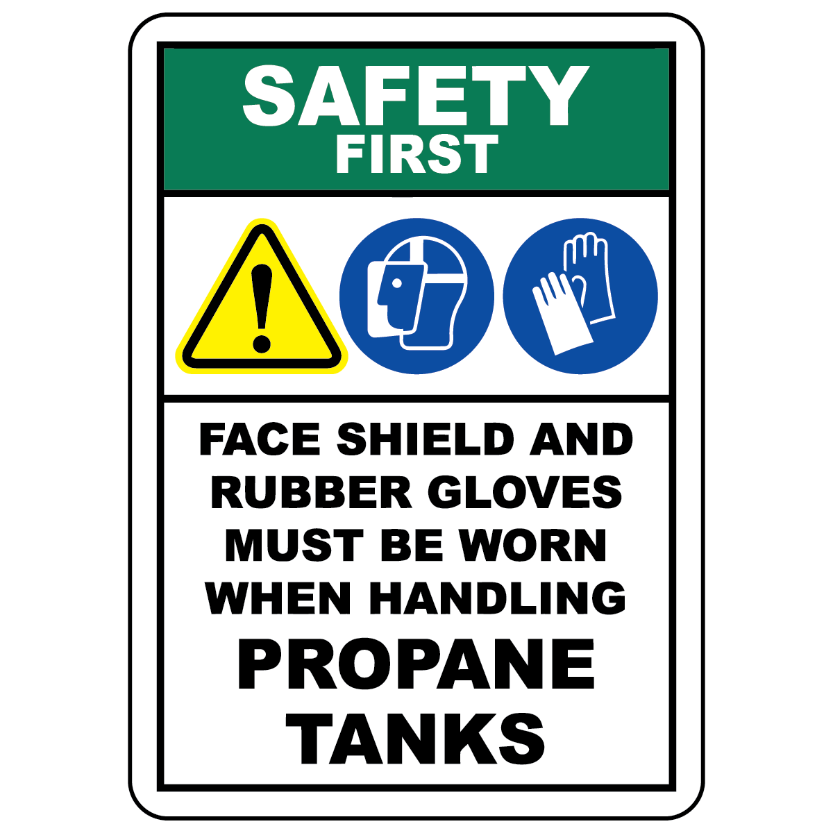 Propane tanks PPE safety sign with warning, face shield and protective gloves symbols