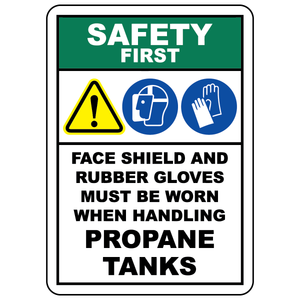 Propane tanks PPE safety sign with warning, face shield and protective gloves symbols