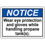 PPE required propane tanks sign for eye protection and gloves during propane cylinder handling