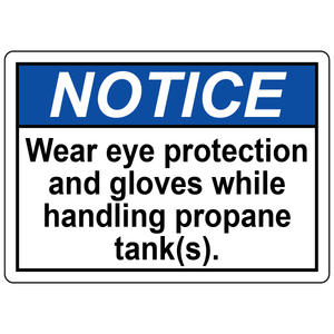 PPE required propane tanks sign for eye protection and gloves during propane cylinder handling