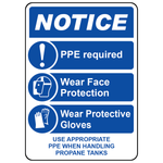 PPE required propane tanks sign with mandatory gloves, eye protection and safety action symbols