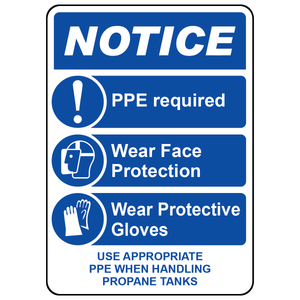PPE required propane tanks sign with mandatory gloves, eye protection and safety action symbols