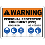 Warning PPE required sign with hard hat vest steel toe shoe safety rules