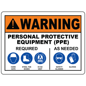 Warning PPE required sign with hard hat vest steel toe shoe safety rules