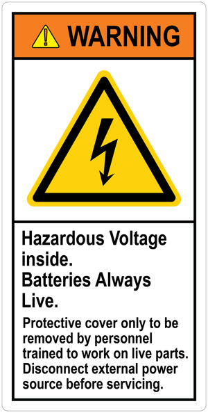 Hazardous Voltage Inside Batteries Always Live Protective Cover Only To Be Removed By Personnel Trained, Vinyl, PUV-250