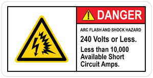 Danger Safety Label: Arc Flash And Shock Hazard 240 Volts Or Less. Less Than 10,000 Available Short Circuit Amps. PUV-278 - PUV-283
