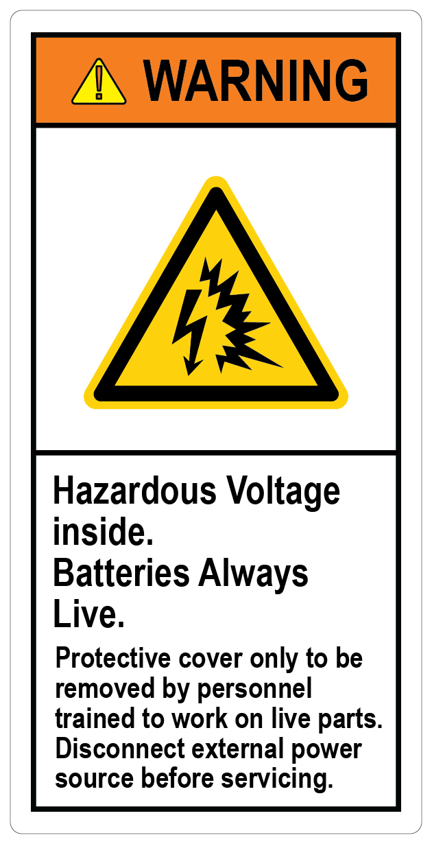 Hazardous Voltage Inside. Batteries Always Live, Disconnect External Power Sources Before Servicing. (With Arc Flash Symbol), Vinyl, PUV-238