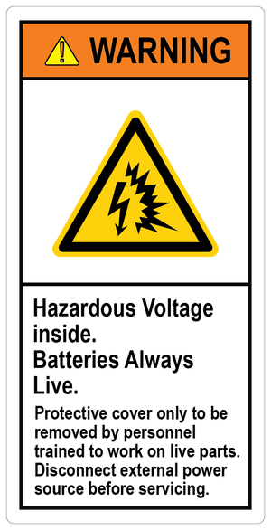 Hazardous Voltage Inside. Batteries Always Live, Disconnect External Power Sources Before Servicing. (With Arc Flash Symbol), Vinyl, PUV-238