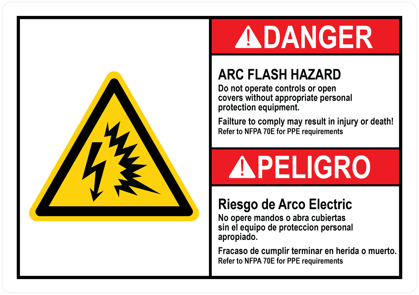 Bilingual ANSI Warning Sign: Arc Flash and Shock Hazard Appropriate PPE Required. PUV-338 - PUV-343