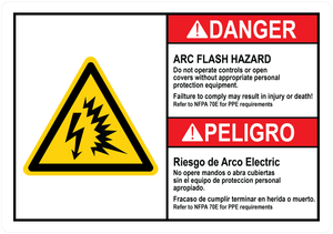 Bilingual ANSI Warning Sign: Arc Flash and Shock Hazard Appropriate PPE Required. PUV-338 - PUV-343