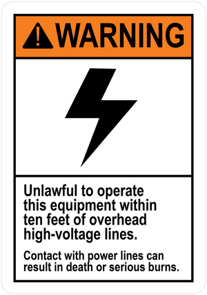 Unlawful To Operate This Equipment Within Ten Feet of Overhead High-Voltage Lines Contact With Power Lines Can Result In Death Or Serious Burns, Vinyl, PUV-234