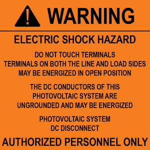 3x3 Warning Electric Shock Hazard PV-481 Plastic