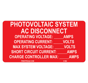2x4 PV System AC Disconnect V-564 Decal Solar Labels