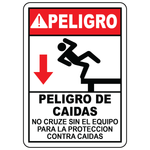 Spanish fall hazard sign requiring fall protection equipment before crossing area