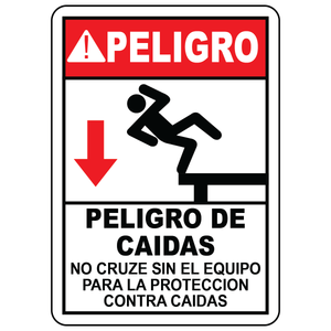 Spanish fall hazard sign requiring fall protection equipment before crossing area