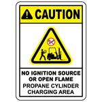 Caution propane cylinder charging area safety sign with no smoking symbol