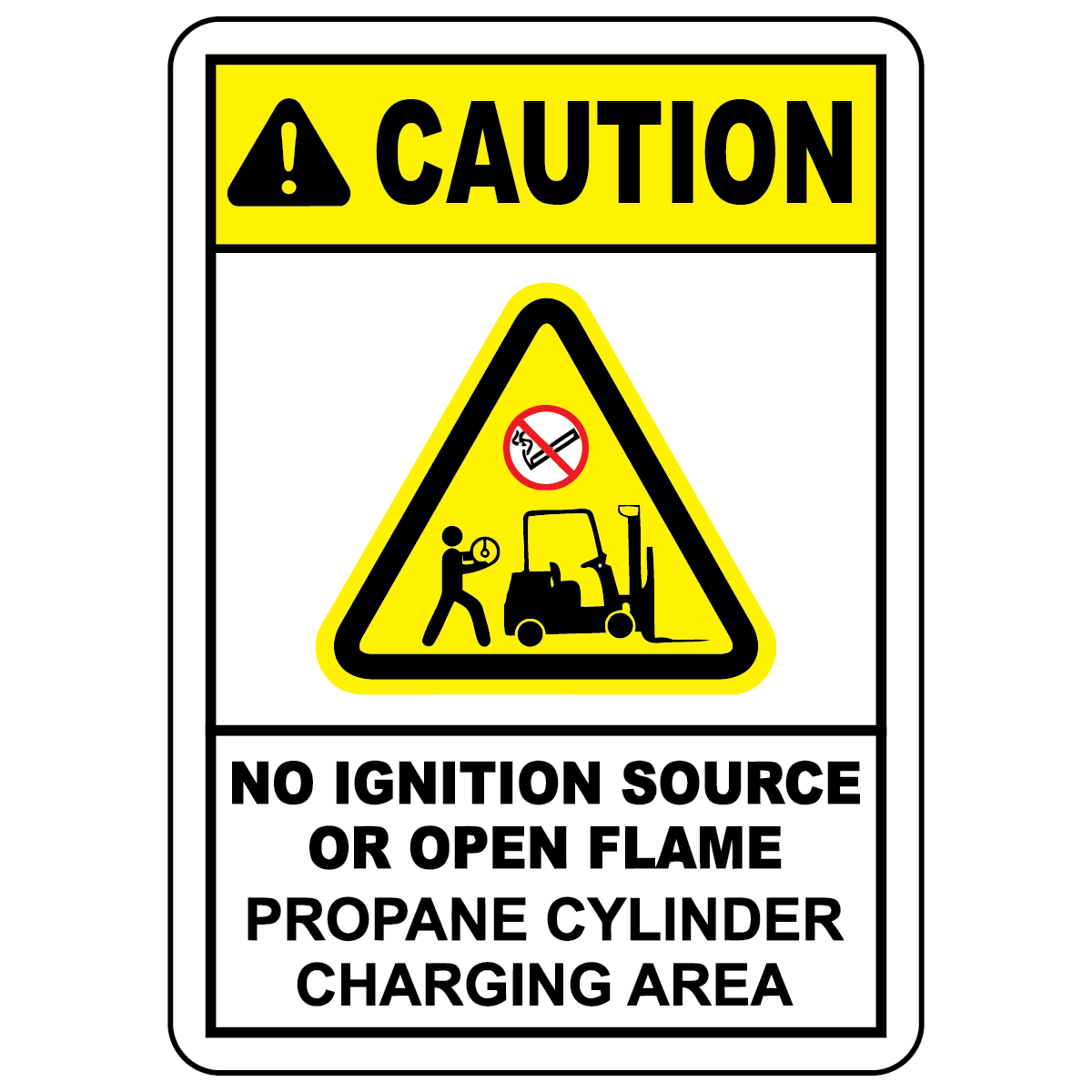 Caution propane cylinder charging area safety sign with no smoking symbol