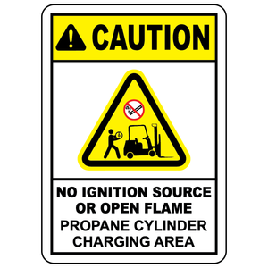 Caution propane cylinder charging area safety sign with no smoking symbol