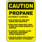 Propane cylinder safety instructions sign for flammable gas handling and PPE