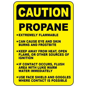 Propane cylinder safety instructions sign for flammable gas handling and PPE
