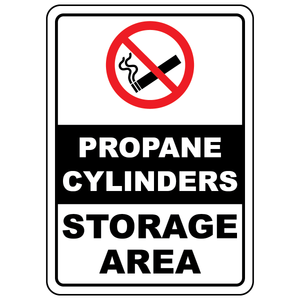 Propane cylinders storage area sign with international no smoking symbol for workplace safety