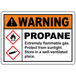 Warning propane flammable gas GHS safety sign with GHS02 and GHS04 symbols