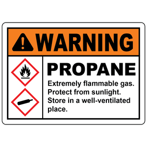Warning propane flammable gas GHS safety sign with GHS02 and GHS04 symbols