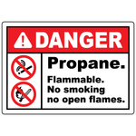 Propane flammable vinyl label with no smoking and no open flames safety symbols