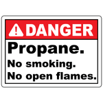 Danger propane no smoking no open flames sign for propane storage and hazardous gas handling areas
