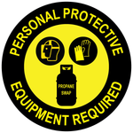 Propane PPE required anti-slip floor sign with face shield, gloves and propane tank symbols