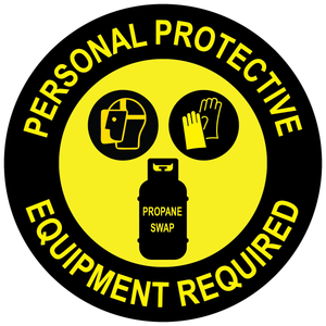 Propane PPE required anti-slip floor sign with face shield, gloves and propane tank symbols