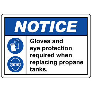 Propane tanks PPE required sign with mandatory gloves and eye protection symbols for safe cylinder replacement