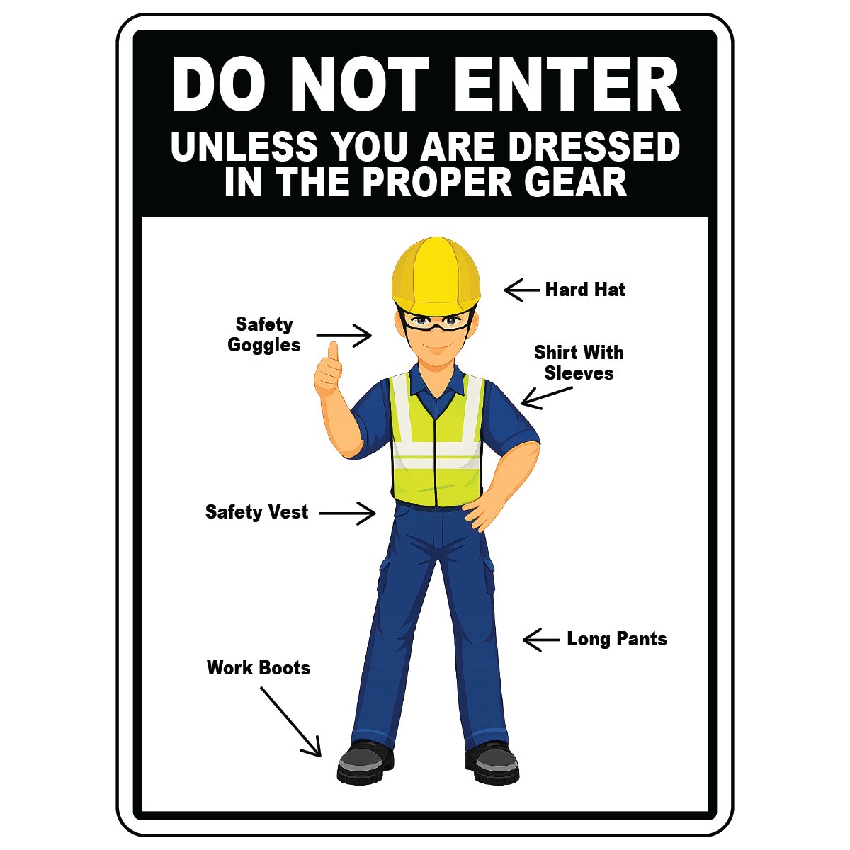 PPE required sign listing goggles hard hat vest boots and long pants requirements