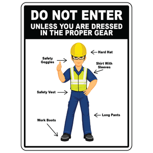 PPE required sign listing goggles hard hat vest boots and long pants requirements