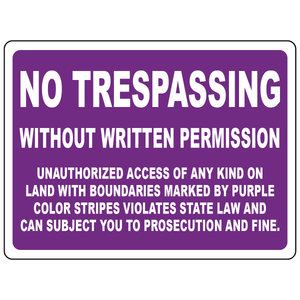 No trespassing purple boundary law warning sign